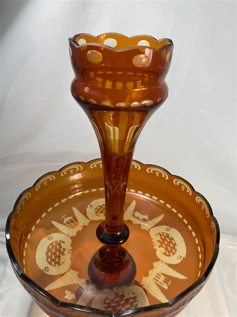 Egermann Bohemian Amber Etched Glass Epergne Etsy