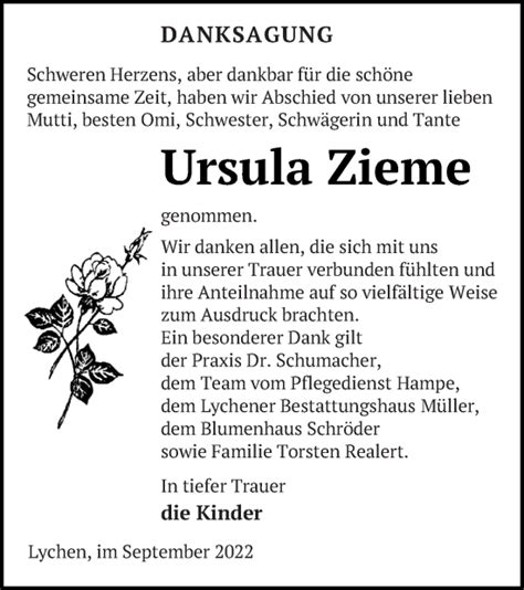 Traueranzeigen Von Ursula Zieme Trauer Nordkurier