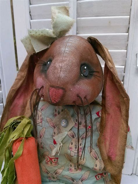 Primitive Spring Folk Art Easter Bunny Doll With Carrot Ooak