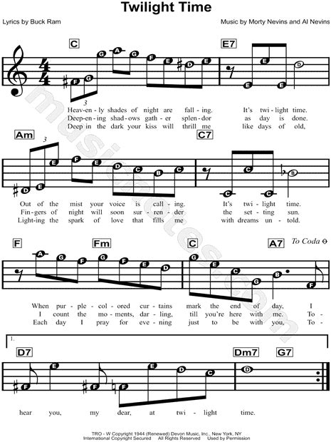 The Platters "Twilight Time" Sheet Music for Beginners in C Major ...