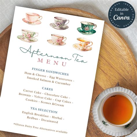 Afternoon Tea Menu Template | Editable Event Menu | Printable Menu
