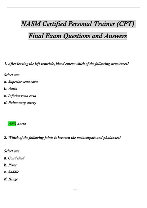 NASM Certified Personal Trainer CPT Final Exam Questions And Answers