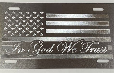 Silver Engraved In God We Trust Us Flag On Silver License Plate Patriotic Car Tag Diamond Etched