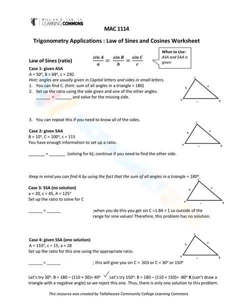 Free Printable Law of Sines Worksheets for Students