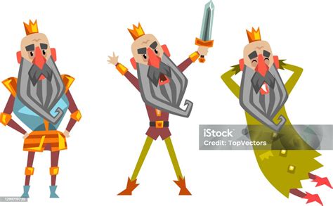 Funny King Character Set Old Comic Bald Bearded King Wearing Gold Crown