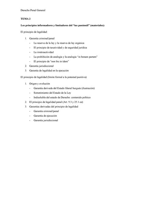 Tema 2 Apunts 2 Derecho Penal General Tema 2 Los Principios Informadores Y Limitadores Del