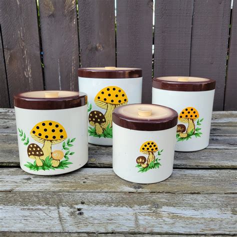 Vintage Merry Mushrooms Canister Set Set Of 4 Melamine Melmac Kitchen