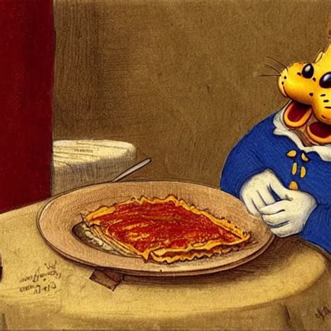 Garfield Eating Lasagna By Leonardo Davinci Stable Diffusion Openart