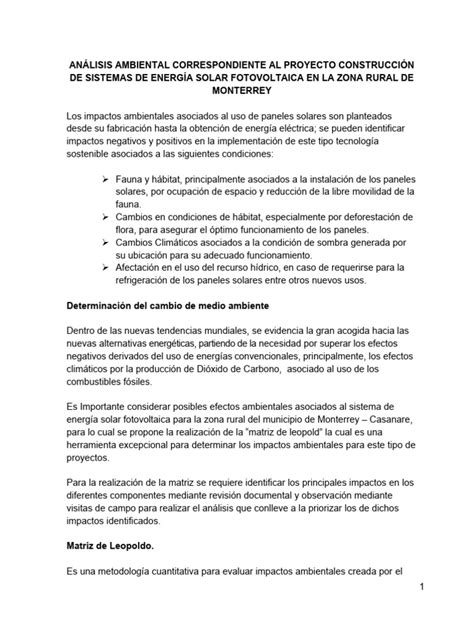 Pma Y Matriz De Impacto Ambiental Pdf Energía Solar Entorno Natural