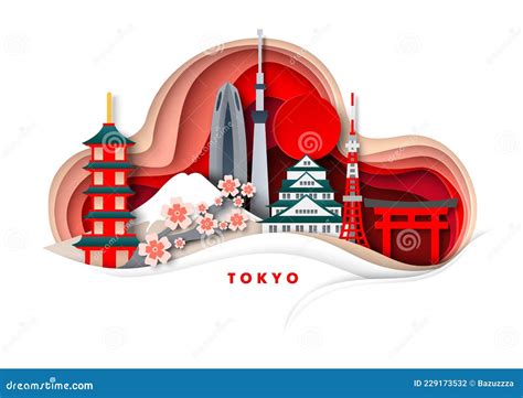 Tokyo City Vector Paper Cut Illustration Temples Tower Japan Famous Landmarks And Tourist