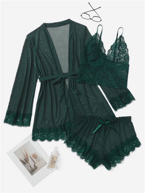 Pack Contrast Lace Mesh Lingerie Set Robe Belt Artofit