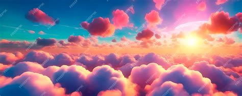 Premium AI Image | View from above the clouds with fluffy pink clouds ...