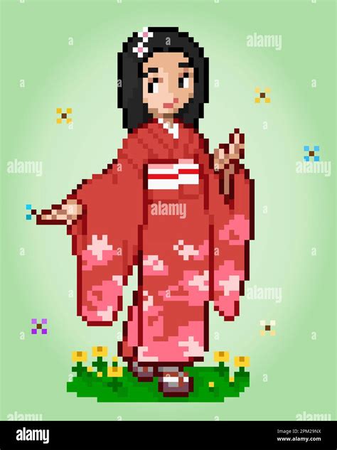 8 bit Pixels Character Las mujeres usan un vestido Kimono Píxeles de