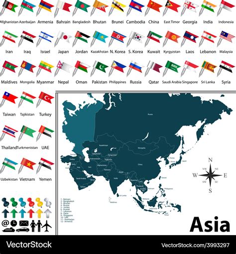 Asian political map with flags Royalty Free Vector Image