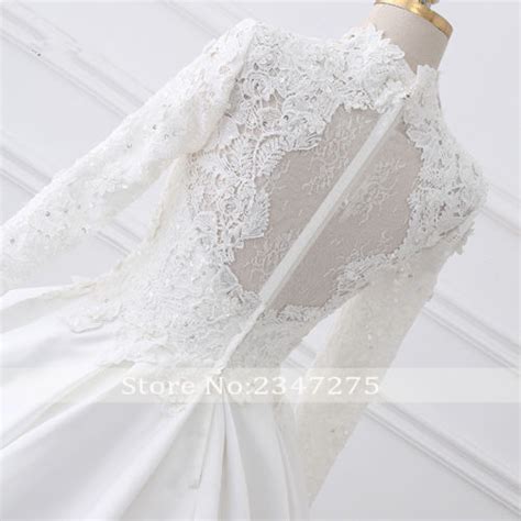 Satin Muslim Wedding Dresses Long Sleeve High Neck Lace Appliques