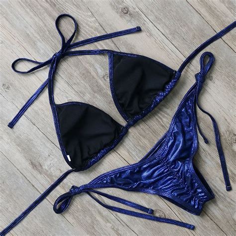 Blue Metallic Triangle Top Bikinis Set Swimwear Triangle Bikini Top