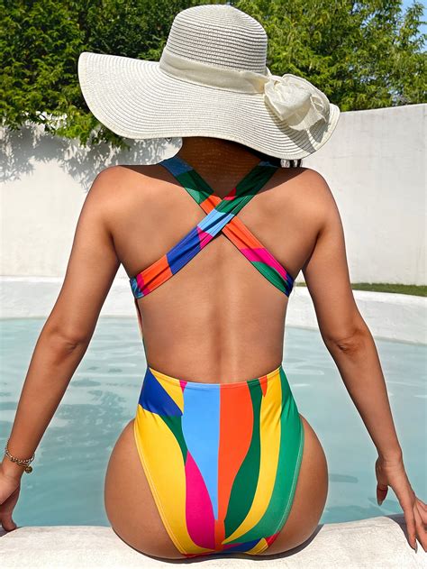 Shein Swim Vcay Colorblock Criss Cross One Piece Swimsuit Shein Usa