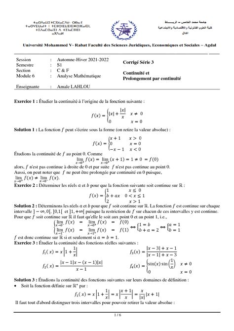 Solution Corrig S Rie Continuit Et Prolongement Par Continuit