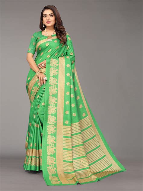 Buy Kalini Lime Green Gold Toned Ethnic Motifs Art Silk Saree