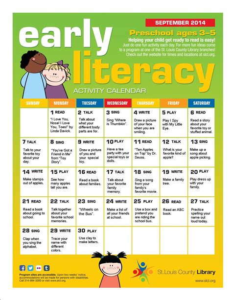 Early Literacy Calendar For September Kids Learning Activities