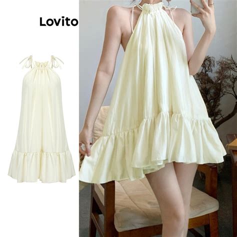 Lovito Women Casual Plain Ruffle Hem Tie Back Bow Dress L Ad