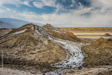 Active mud volcano with draught mudflow in Gobustan National park ...