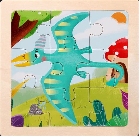 Houten Puzzeltje 11x11cm Pterosaur 9 Delig Montessori Bol