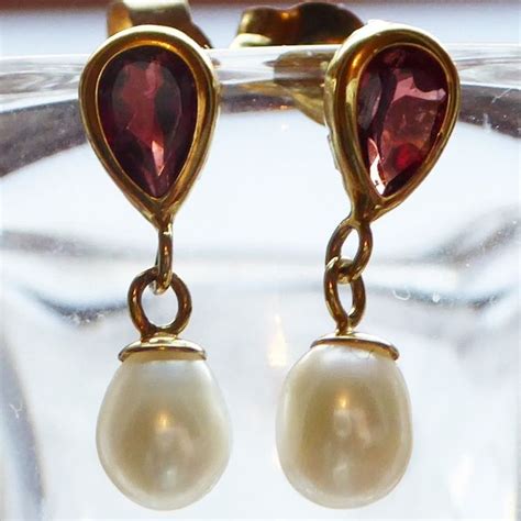 Vintage 9ct Gold Garnet And Pearl Drop Earrings No Reserve Catawiki