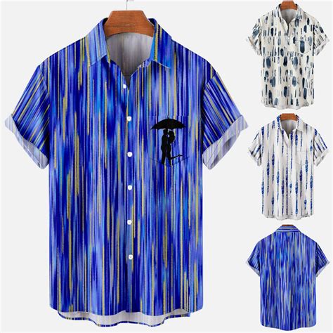 Qonioi Print Shirts For Men Men Casual Buttons Stripe Printing With Pocket Turndown Short