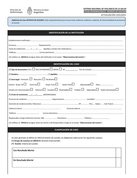 Ficha Epidemiológica De Intentos De Suicidio V1 Sistema Nacional De