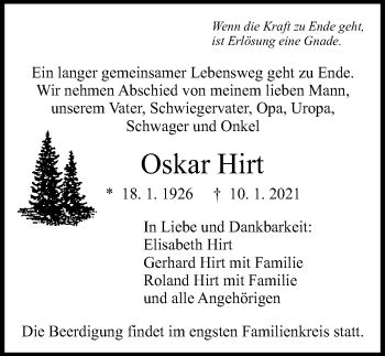 Traueranzeigen Von Oskar Hirt Schwarzw Lder Bote Trauer