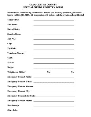 Fillable Online GLOUCESTER COUNTY SPECIAL NEEDS REGISTRY FORM Fax Email