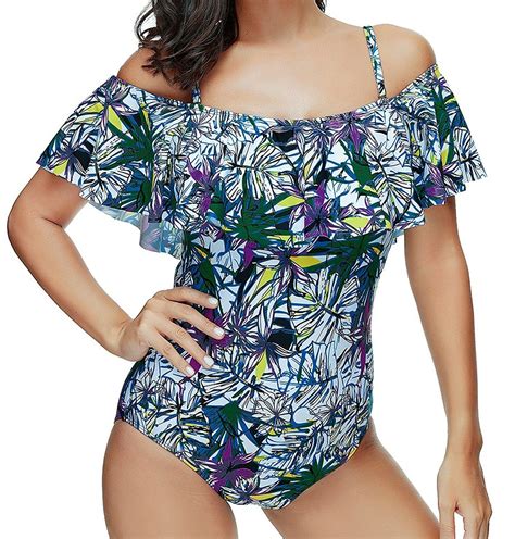 Tropical Print Strappy Flounce Padded One Piece Swimsuit Light Blue