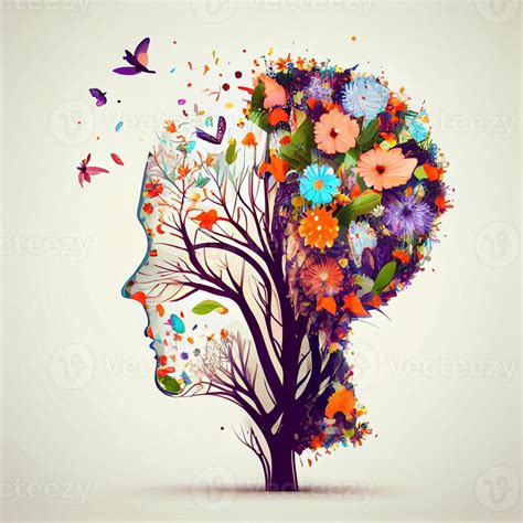 Human Brain Tree With Flowers And Butterflies Concept Of Self Care