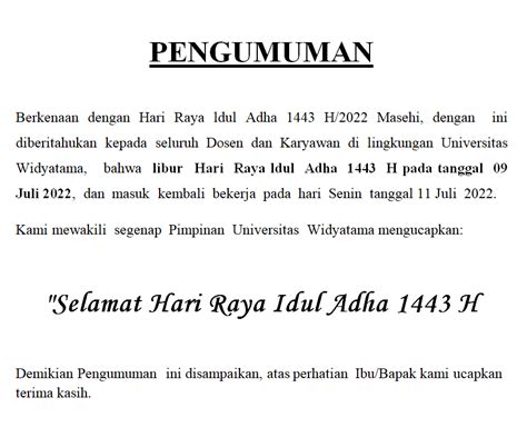 Pengumuman Libur Hari Raya Idul Adha 1443h2022