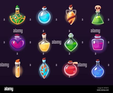 Witch potion bottles, game wizard potions. Chemistry magical bottle, halloween cartoon elixirs ...