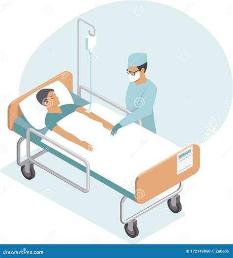 Patient Lying In Hospital Bed With Oxygen Mask. Vector Illustration ...