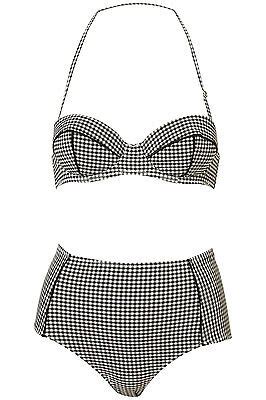 Retro Vintage Gingham Check Bikini Set High Waisted Black Sizes