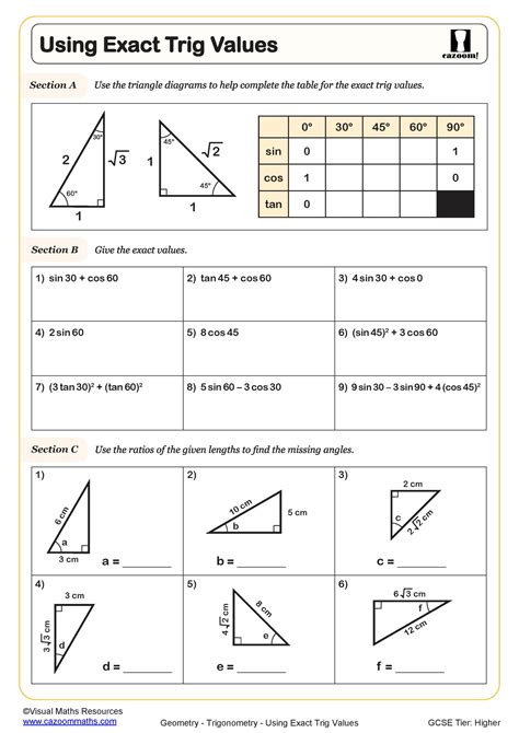 Using Exact Trig Values Free Worksheet Printable Pdf Worksheets Worksheets Library