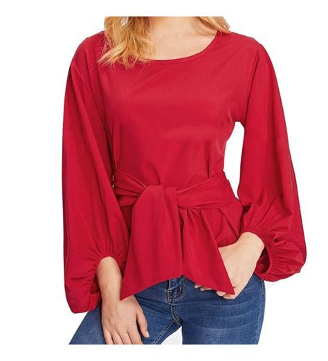 Womens Tie Waist Shirt Long Lantern Sleeve Round Neck Blouse Loose Pullover Red C1189zsz45m