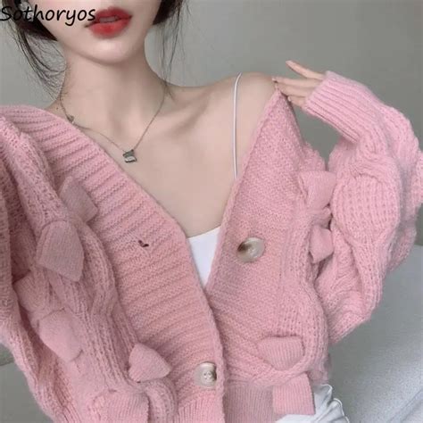 Cropped Bow Cardigans Women Sexy V Neck Single Breasted Sweaters Ladies