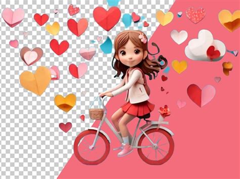 Una Chica Linda Montando Una Bicicleta Con Corazones Flotantes