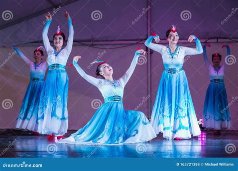 Chinese Ballerinas Performing In Blue Dresses Editorial Stock Photo