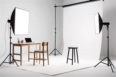 Premium Photo | Studio Setup with Small Stool and Studio Lights on ...