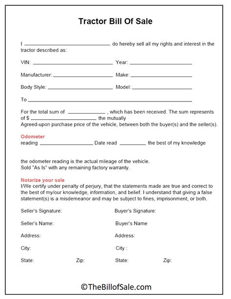 Farm Tractor Bill Of Sale Form Template In Printable PDF