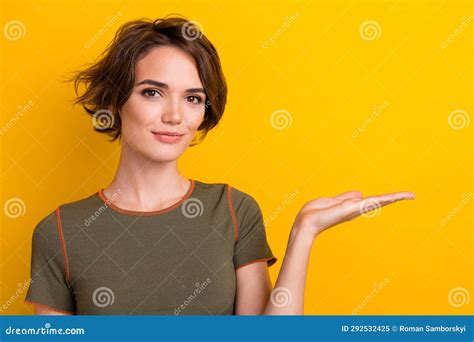 Photo Of Gorgeous Positive Girl Bob Hairstyle Dressed Khaki T Shirt Arm