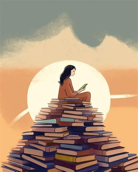 Mujer sentada y meditando en un montón de libros copia espacio creado