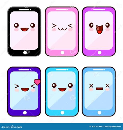 Happy Smartphone Cartoon Character Kawaii Set Stock Vector