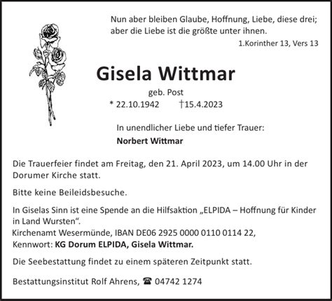 Gisela Wittmar Gedenken Nordsee Zeitung