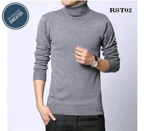 Jual Sweater Pria Kerah Tinggi Abu Cotton Rajut Halus Di Lapak